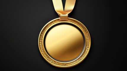 Golden medal with ribbon on black background for achievement and excellence