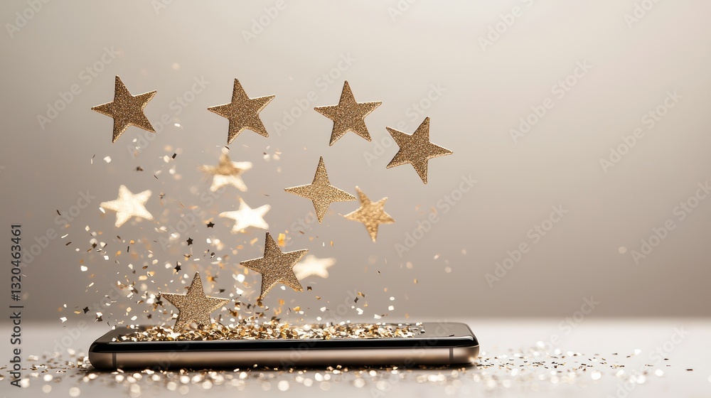 Poster a mobile phone screen displaying a five star rating interface with all stars filled in gold, signify
