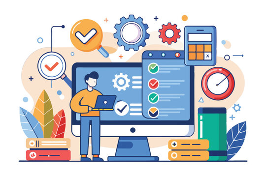 A software tester personalizes testing workflows while analyzing performance metrics in a tech environment, Software tester Customizable Disproportionate Illustration