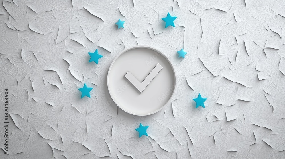 Poster a hand drawn image of a checkmark inside a circle with five stars around it, symbolizing completion,