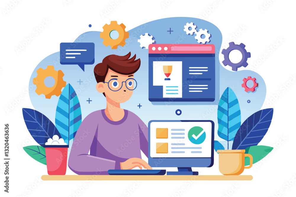 Poster a software tester focuses on tasks at a desk with a computer, tools, and visual elements like gears 
