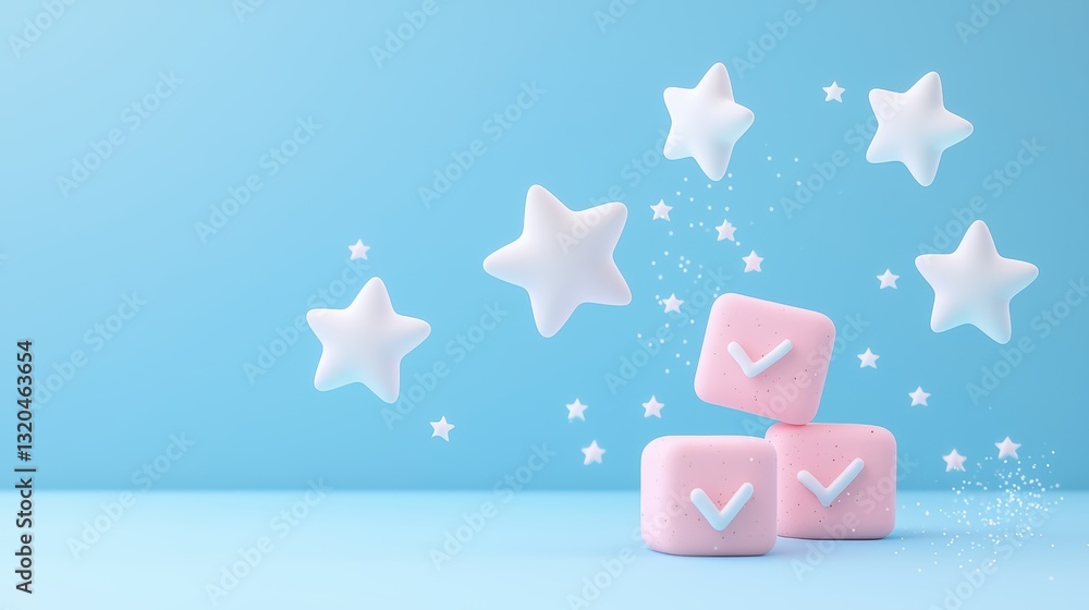 Poster a playful animation of a checkmark bouncing alongside five rotating stars, conveying a sense of fun 