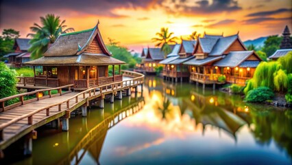 Naklejka premium Tilt-Shift Thailand: Peaceful Ancient City Floating Village, Wooden House, Bridge, Asian Architecture