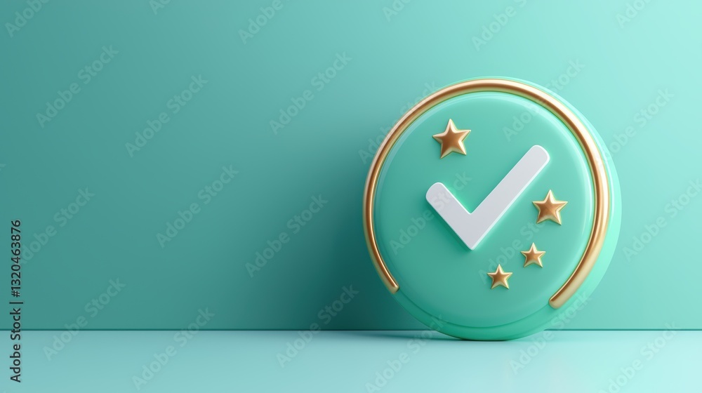 Poster a glossy, green button with a white checkmark and five gold stars, ideal for use in digital projects