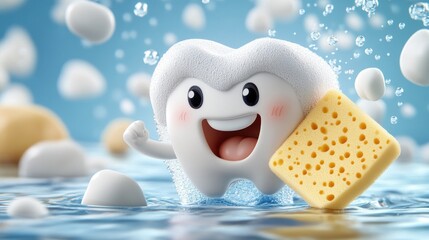 Obraz premium Smiling cartoon tooth with sponge in water
