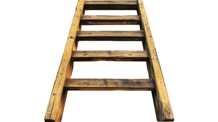 A wooden ladder leaning against an invisible wall on a transparent background
