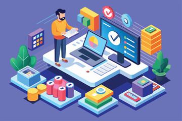 Obraz premium A software tester analyzes data while managing tasks in a vibrant, customizable isometric workspace, Software tester Customizable Isometric Illustration