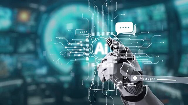 A futuristic robotic hand interacts with an artificial intelligence interface, showcasing advanced technology in a high-tech control room setting. Auvana