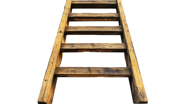 A wooden ladder leaning against an invisible wall on a transparent background