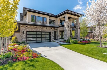 Modern luxurious house exterior surrounded by landscaped gardens, colorful flowers, and clear blue sky, showcasing contemporary architecture and design elements