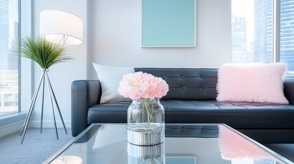 A modern living room with a black leather sofa, a chrome and glass coffee table, and a floor lamp with a sculptural design, adding a touch of elegance and drama to the space.