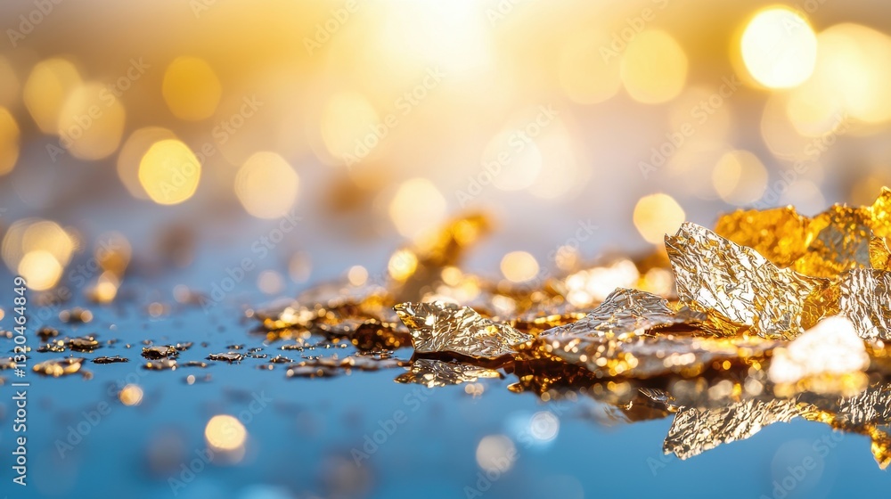 Poster close up shot of crumpled gold foil with intricate textures and light reflections, creating a luxuri