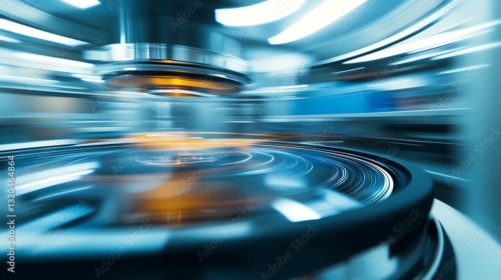 Poster abstract rotating machine creates motion blur effect in blue futuristic setting