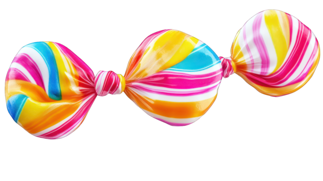 A colorful wrapped candy with twisted ends on a transparent background