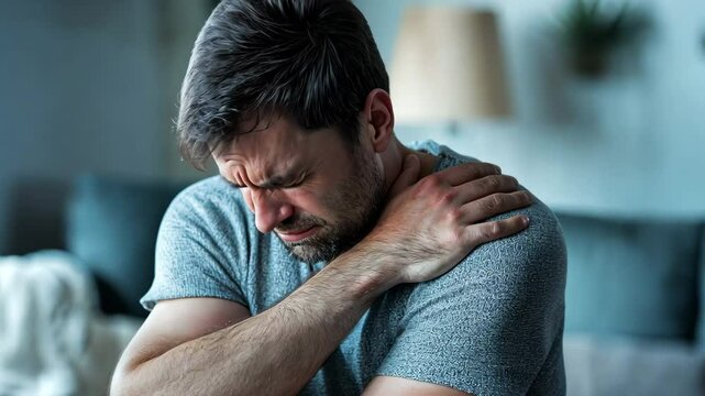 A man gripping his shoulder in agony.