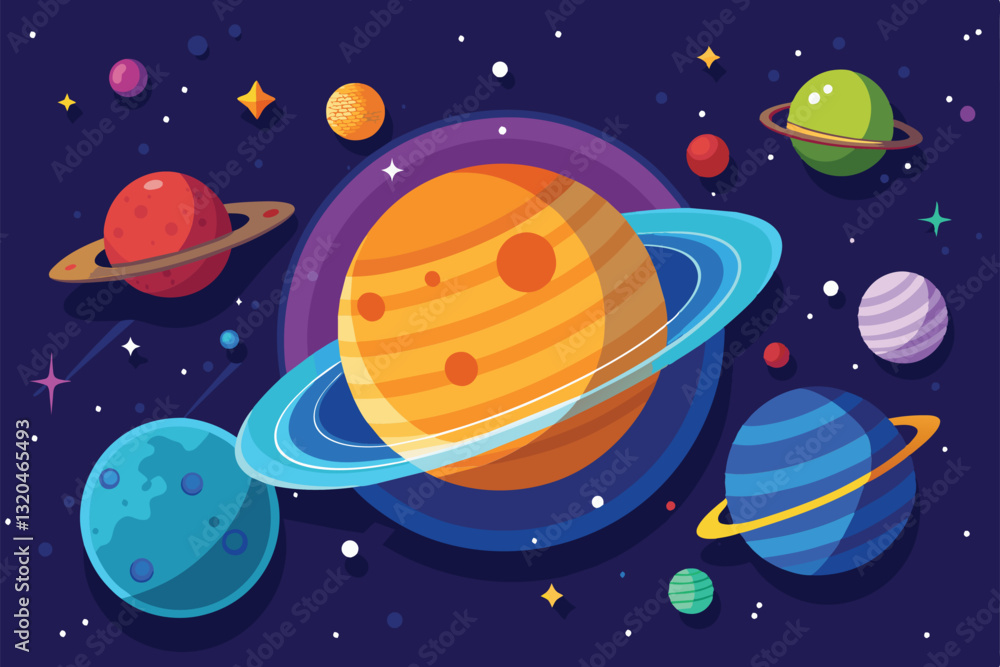 Poster a vibrant illustration showcases a customizable solar system with various planets orbiting around a 
