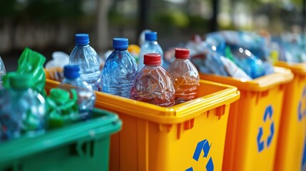 Recycling bins filled with plastic bottles. A strong environmental concept promoting sustainability, responsible waste disposal, and eco-friendly habits