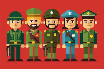 A diverse group of five customizable soldiers with different uniforms and accessories stands side by side, Soldiers Customizable Disproportionate Illustration