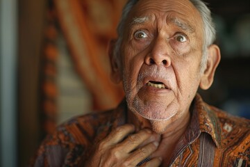 An elderly Hispanic man appears shocked and distressed, showcasing deep wrinkles and a concerned expression in his home environment.