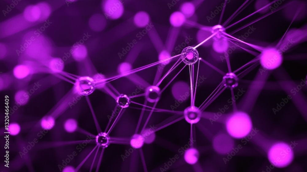 Poster bright neon purple cloud computing concept, virtual data storage with connected nodes