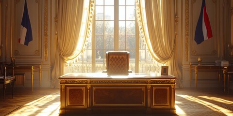 French flags decorating ornate government office with desk and sunlight