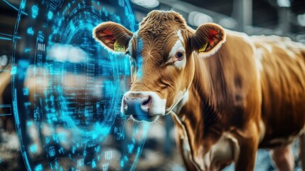 Brown cow in a high-tech barn, surrounded by futuristic digital overlays showcasing data on livestock health and smart farming
