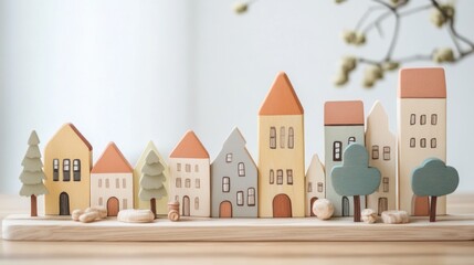 Wooden miniature city scene, charming houses and trees