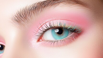 Obraz premium A close up view of an eye with a subtle rainbow eyeshadow look, achieved using pastel shades and a soft blending technique, creating a delicate and ethereal effect.