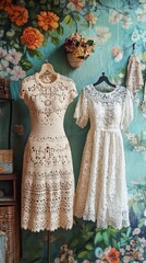 Two handmade dresses are displayed in front of floral wallpaper