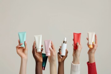 Female hands with different cosmetic products in bottles on grey background