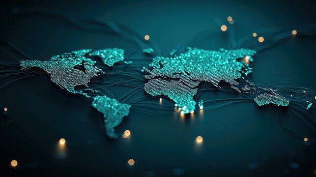 A stylized map with glowing lines representing fiber optic cables and data centers, illustrating the physical infrastructure that supports global communication and data transfer.