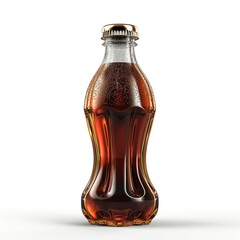 A chilled glass bottle filled with dark soda, featuring condensation on the surface, creating a refreshing vibe.