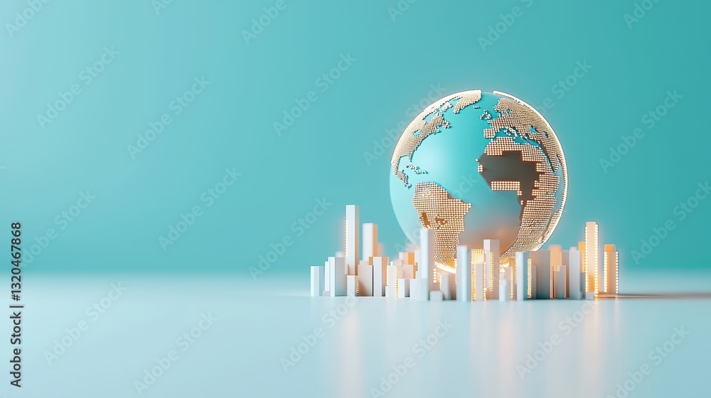 Poster a 3d rendering of a globe with animated data streams representing financial transactions and trade f
