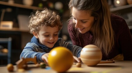 Fototapeta premium Mother and son playing with solar system models. A warm, engaging learning experience, fostering curiosity and a love for space exploration. The child's excitement and concentration are palpable