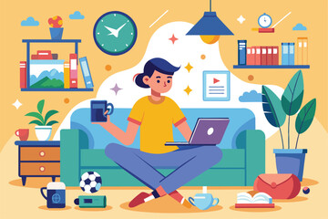 A person is sitting comfortably in a living room, using a laptop and relaxing with a beverage, Someone doing activities at home
