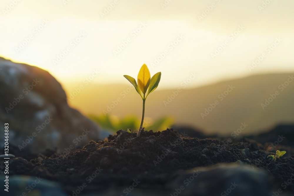 Poster Sprouting seed breaks through soil in a minimalistic setting during sunset