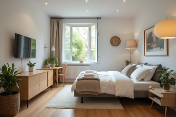 Fototapeta premium Airbnb style living room, with prepared table, big bed, convertible sofa, tv set and open window with view to sunny garden, clean and functional studio apartment
