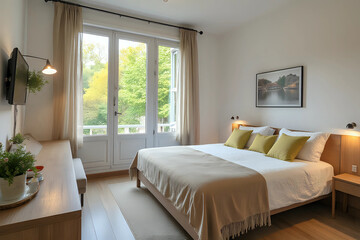 Airbnb style living room, with prepared table, big bed, convertible sofa, tv set and open window with view to sunny garden, clean and functional studio apartment