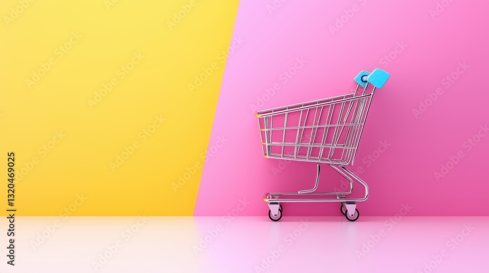 Poster a clean, geometric shopping cart icon with sharp angles and a flat design, suitable for minimalist u