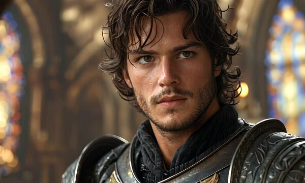 Young knight in ornate armor, serious expression, gothic church background; film still