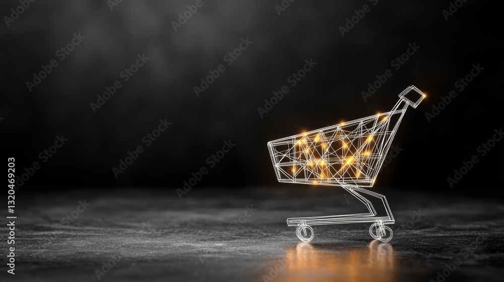 Poster a wireframe shopping cart icon with a transparent background, offering a clean and lightweight visua