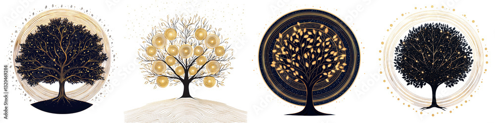 Poster elegant and minimalist golden tree silhouettes framed in circular patterns against a soft light back