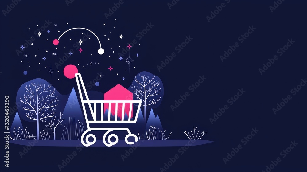 Poster a shopping cart icon with a computer or mobile device in the background, representing online shoppin