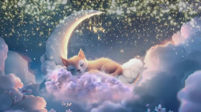 Dreamy cat sleeping on fluffy clouds beside crescent moon. Seamless looping video