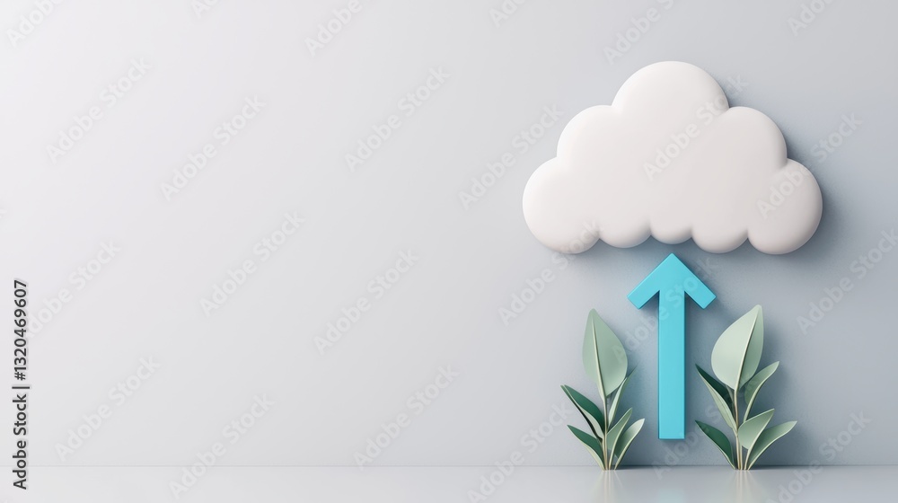 Poster a minimalist icon of a white cloud with a blue upward arrow, representing data uploading to a cloud 
