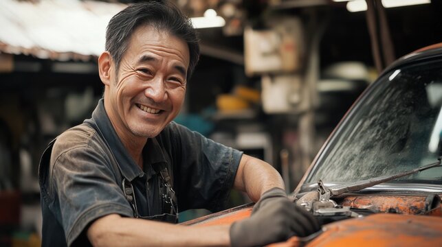 An Asian mechanic smiling while repairing a car, showcasing a friendly and professional atmosphere. 