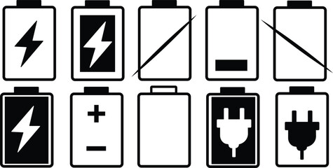 Battery icon set. Battery Full charge indicator or low charge sign. Level battery Energy powerfully full.