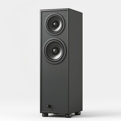 Obraz premium Stylish black floor-standing speaker with dual drivers, perfect for enhancing your audio experience.