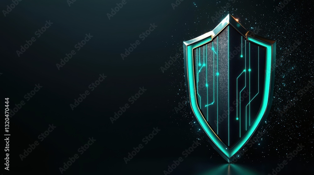 Poster a futuristic shield icon with glowing blue lines and digital circuits, symbolizing advanced cybersec