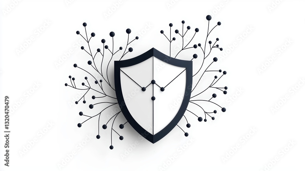 Poster a minimalist shield icon formed by interconnected lines and nodes, symbolizing a network security sy